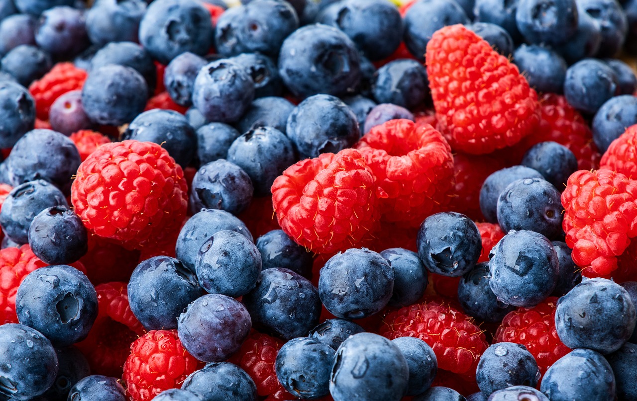 raspberries, blueberries, fruit